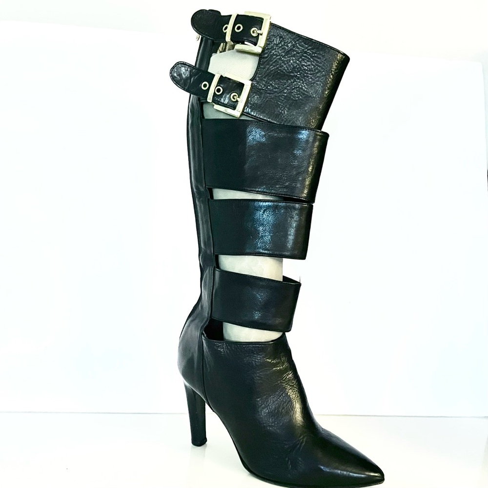 Napoleoni Black Leather Knee-High Heeled Boots Size 37